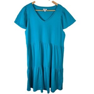 J Crew Womens Medium‎ Teal Blue V Neck Tiered Flutter Sleeve Casual Dress